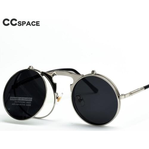 46136 Polarized Steampunk Sunglasses Round Metal frame Flip lenses Men Women Retro