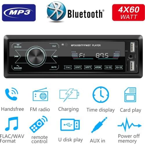Car Stereo Radio 1 Din Full Touch Screen Bluetooth Hands-Free FM Receiver MP3 Player Support Steering Wheel Control AUX/USB