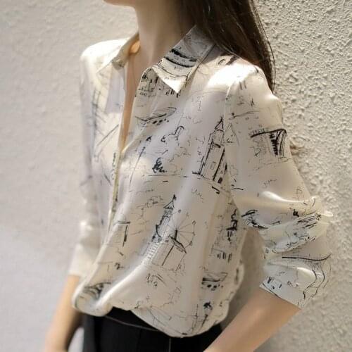 Womens Spring Summer Style Chiffon Blouses Shirts Womens Button Solid Color Printed Turn-down Collar Loose Tops SP610
