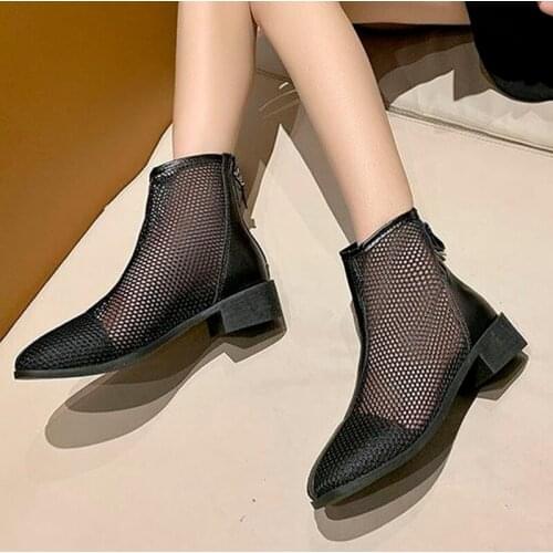 Summer Ladies Sandals New Mesh Mid-heel Net Boots Mid Heel Women Pointed Toe Hollow Breathable Woman Fashion Elegant Shoe 2021