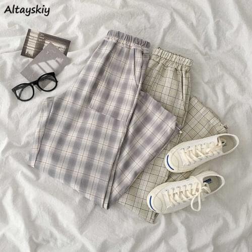 Wide leg Pants Women Plaid Trousers Female Chic Sweet Trendy Students Elastic Waist Loose Ankle-length Y2k Spring Autumn Workout