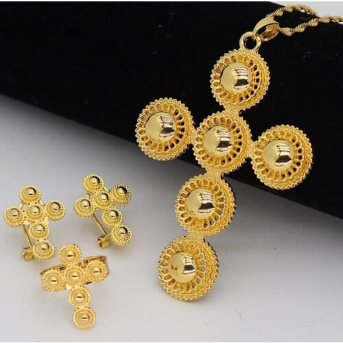 Ethiopia Crosses Jewelry Dubai jewelry sets for Women Girl Small Cross Earring With 45cm Water Chain African bridal wedding Gift