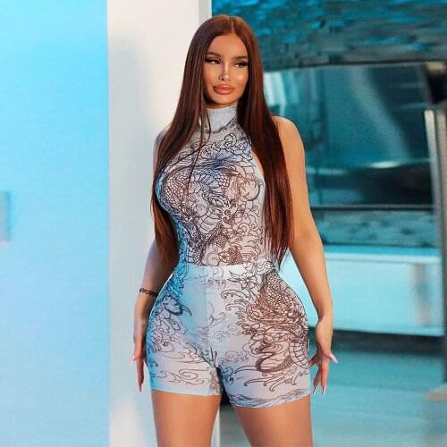 Elegant Dragon Print Bodysuit Shorts Pant Two Piece Set 2021 Summer High Neck Sleeveless for Women Stylish Clothes Female Sets