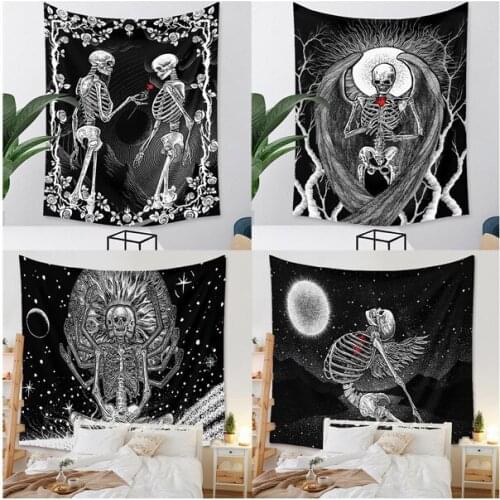 Skull Tapestry Bohemian Skeleton Rose Flower Heart Tapestry Halloween Poster Home Wall Hanging Bedroom Living room Decoration