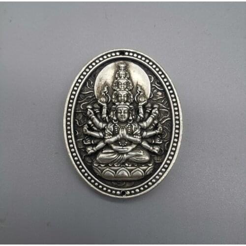 Chinese Tibetan Silver Engrave “Thousands Hands Guanyin ” Amulet Auspicious Waist Tag Pendant Metal Handicraft