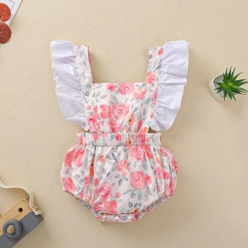 Toddlers Flower Printing Romper Infant Girls' Flying Sleeve High Waist Bodysuit Babies Square Collar Clothing