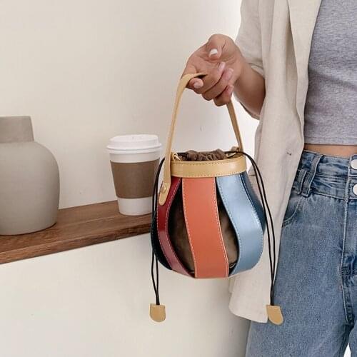 Splice Mini PU Leather Bucket Bags For Women 2021 Luxury Crossbody Shoulder Handbags Lady Simple Travel Tote Bag