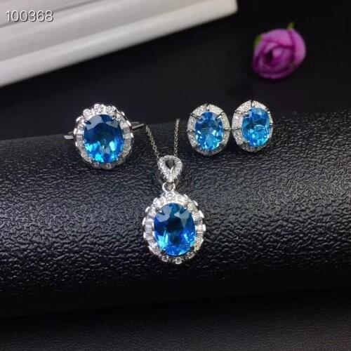 Natural blue topaz Ring Pendant Earrings Natural Gemstone Jewelry Set 925 Silver Fashion round Women party gift fine jewelry