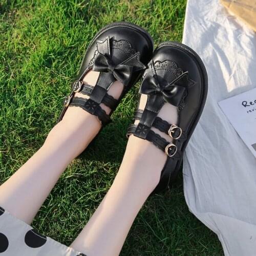 Cute Japanese Lolita Leather Shoes For Girls Woman Mary Jane Flat Shoes JK Style Anime Black Purple Beige