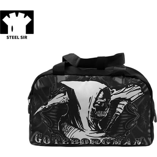 Steampunk Fashion Mens Travel Bag Black Printing Large Capacity Sports Bag Zipper