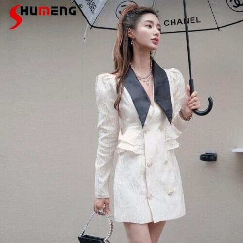 French Style Retro Slim Waist Fashionable Mini Dress 2021 Early Autumn New Puff Sleeve Elegant Ruffles A-line Lapel Shirt Dress