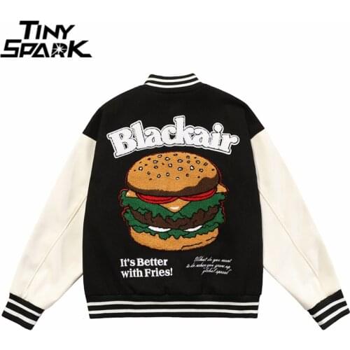 Men Bomber Jacket Hip Hop Streetwear Harajuku Funny Hamburger Embroidery Jacket 2021 Cotton Loose Short Jacket Coat Outwear