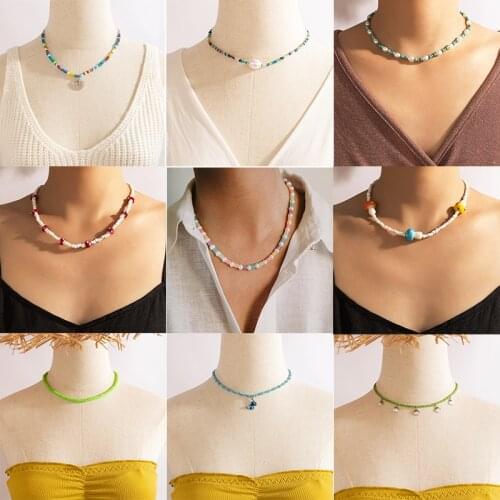 Docona Bohe Colorful Seed Beeded Mashroom Choker Necklace for Women Charms Pearl Shell Butterfly Necklace Cheap Jewelry Collar