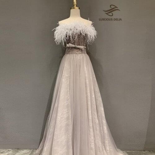 Luxury Feather beads Evening Dresses 2021 Formal Party Gown A-Line Backless Dress Luscious Delia