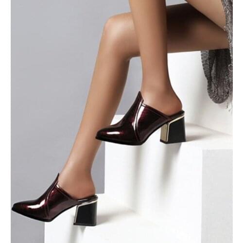 New 2021 Pointed Toe Summer Mules Slippers Shoes Women Patent Leather Flip Flops Thick Heel Slippers Sandalia Feminina Size32-43