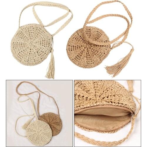 Round Straw Handbag Women Girls Rattan Shoulder Bag Tote Purse Photo Props