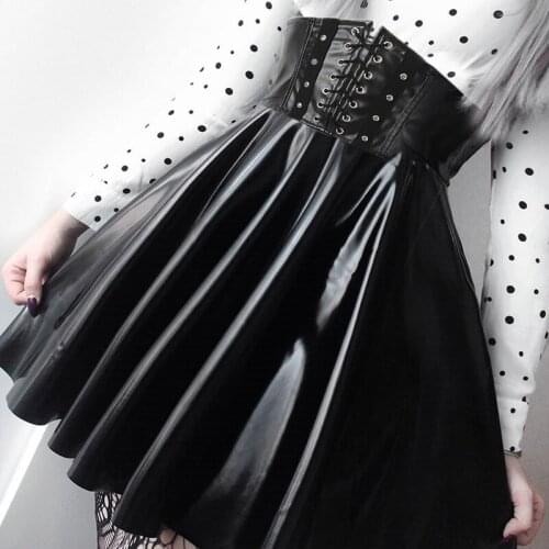 SUCHCUTE Womens Skirts Gothic Harajuku Bandage Faux Leather Korean Fashion Black Mini Pleated Skirts 2020 Summer Party Pu Saias