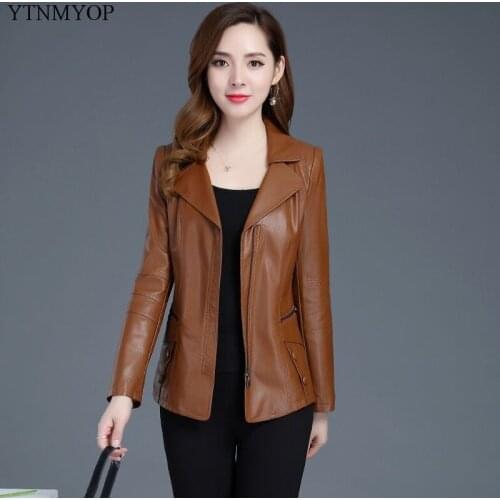 YTNMYOP New Slim Casual Base Female Leather Coat Plus Size 5XL Women Leather Jackets Faux Leather Zipper Clothing Red Color