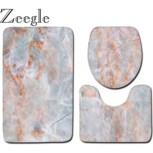 Zeegle 3Pcs Carpet Bathroom Non-Slip Bath Mat Set Toilet Mat Floor Rug Seat Cover Carpet Marble Pattern Bath Mats