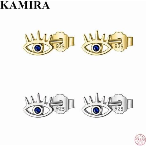 KAMIRA 925 Sterling Silver Vintage Devil Eye Blue Zircon Stud Earrings for Women Cuban Small Party Jewelry Cute Gift Accessories