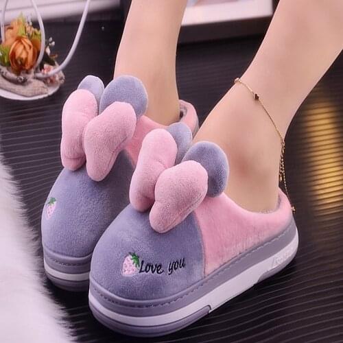 Womens slippers winter fashion plus velvet warmth platform slippers sweet butterfly comfortable indoor non-slip cotton shoes