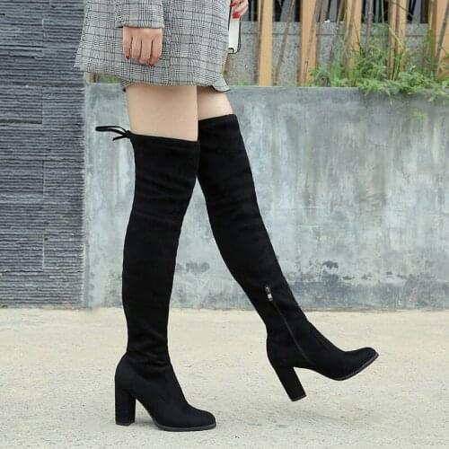 OllyMurs Women Thigh High Boots Fashion Suede Leather High Heels Lace up Female Over The Knee Boots Plus Size Shoes 2020