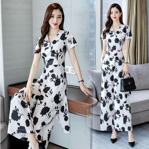Womens Bicycles European Chiffon Wide Leg Pants Casual Summer Top 2021 New Korean Fashion Style Printed 2 Piece Suit Set Women