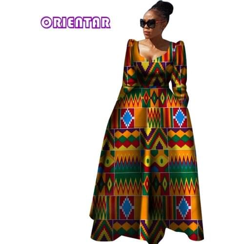 Women African Dress Long Dashiki Robe Africaine African Bazin Riche Clothing Autumn Women Plus Size Cotton Print Dress WY2849