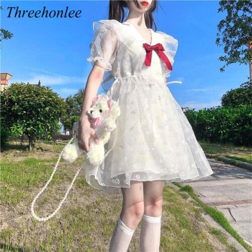 Japanese Cute Female Dress Summer 2021 Flowers Gauze V-Neck Kawaii Bow Puff Sleeve Ruffles White Female Dresses Vestidos