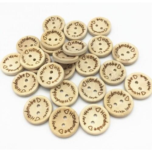 100pcs 15mm Wood Bowl Buttons Natural 2 Holes Handmade With Love Round Sewing Wedding Embellishments DIY Crafts