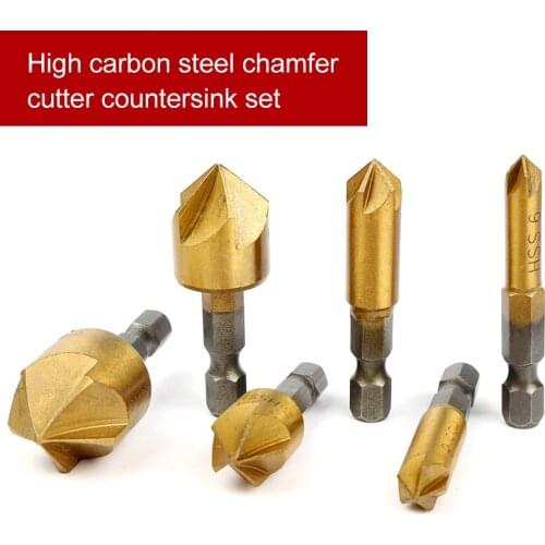 HOEN 6PCS 5 Flute HSS Drill Bit Hard Metals Natural Color Five Edge Chamfer Chamfering End Mill Cutter Countersink