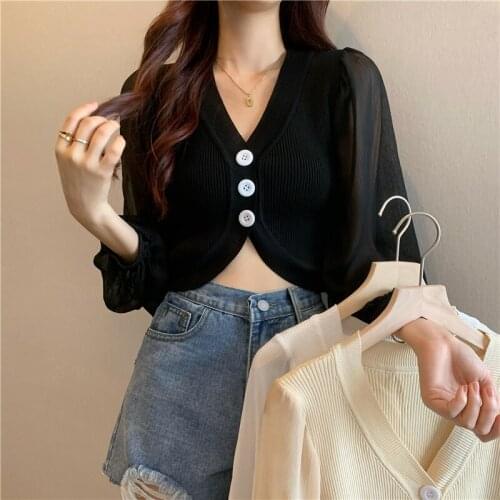 Cardigan Black V-neck Long-sleeved Sweater Women Summer New Korean Style Slim Slimming Casual Top