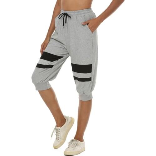 Summer Women Pants Striped Sweatpants 3/4 Joggers Capris Pants Elastic High Waist Sport Drawstring Calf Length Trousers Y2K