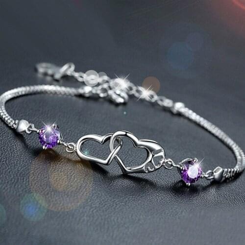Fashion Purple Zircon Double Heart Bracelet Elegant Womens Party Bracelet Love Promise Girl Jewelry Wedding Accessories