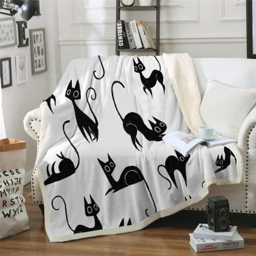 Cartoon Kids Throw Blanket Animal Bedspread Brown Cute Cats Print Sherpa Plush Bed Blanket Black and White Bedding