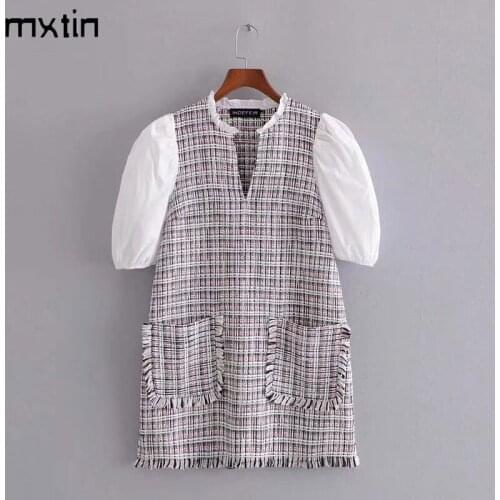 MXTIN 2021 Women Fashion Elegant Patchwork Tweed Puff Sleeve Mini Dress Vintage Tassel Party Female Dresses Vestido De Mujer
