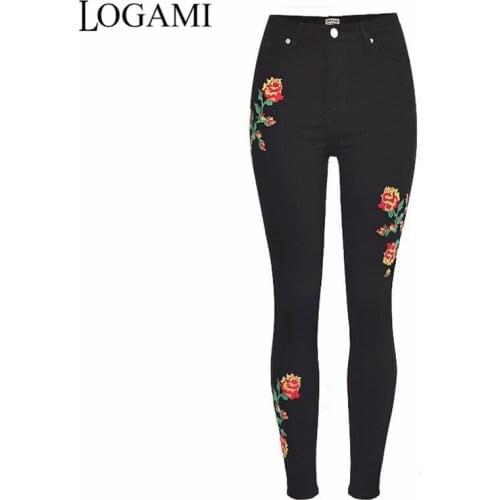 LOGAMI New High Waist Embroidery Women Jeans Mujer Black Skinny Denim Jeans Woman 2018