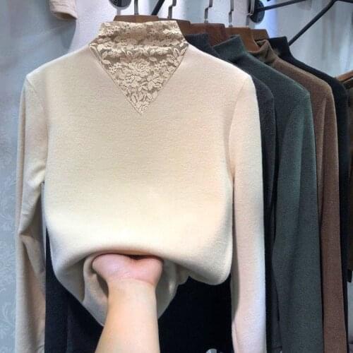 Autumn and winter wear plus velvet thick lace bottoming shirt half high collar top harajuku tops