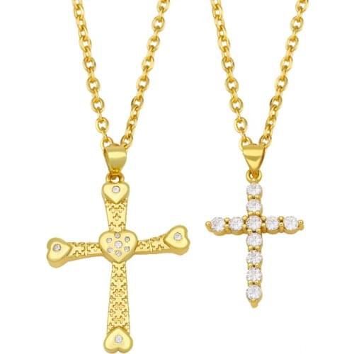 FLOLA Gold Chain Heart Cross Necklace For Women CZ White Stone Pendant Necklace Copper Cubic Zirconia Religious Jewelry nkeu39