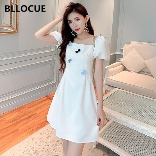BLLOCUE Summer Sweet Bowknot Appliques Dress Women Square Collar Puff Sleeve Dress Female White High Waist A-Line Mini Dress