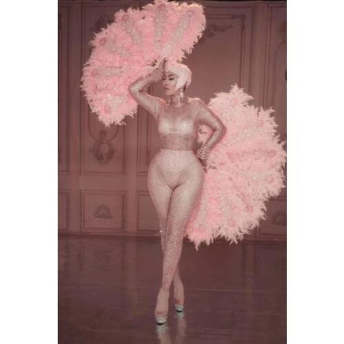 Pink Rhinestones Nude Jumpsuit Sexy Performance Bodysuit Bra Short Pattern Rompers Stage Wear Birthday Celebrate Stretch Outfit