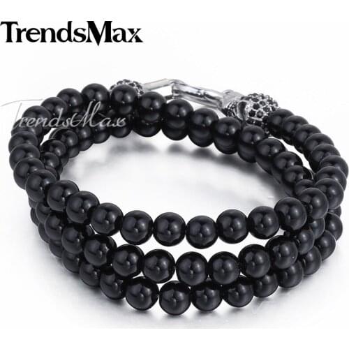 Trendsmax Buddha Beads Bracelet Necklace Men 316L Stainless Steel Skull Charm Black Zirconia 8mm 21cm/51cm HN72