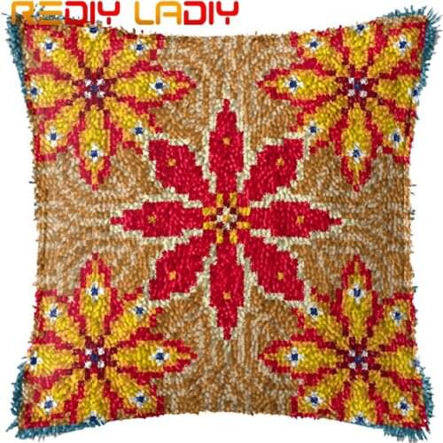 Latch Hook Cushion Gold Red Mandala Pillow Case Acrylic Yarn Pre-Printed Color Canvas DIY Crochet Cushion Cover Christmas Gift