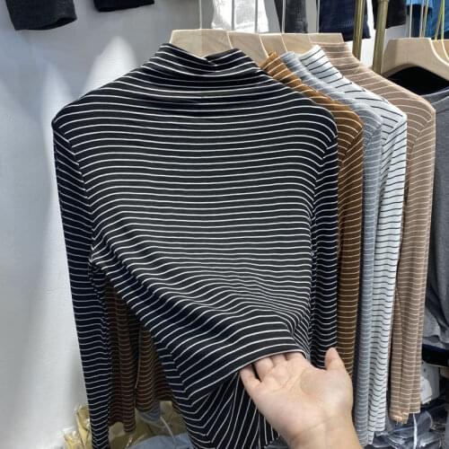 Turtleneck Long Sleeve Stripe T Shirt For Women Spring Autumn Casual Slim T-shirt Ladies Streetwear Tees Top Bottomning Tshirt