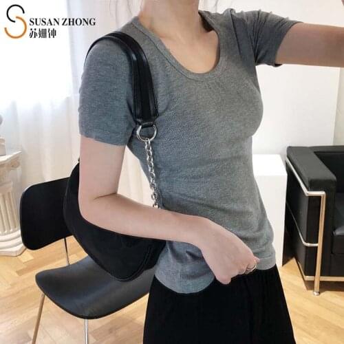 Women Summer T-Shirt Short Sleeve Female Tops White Black Round Neck Slim Fit High Stretch Comfortable Basic Casual Cozy Korean