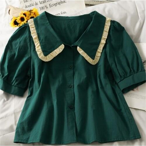 Korean of retro color matching wooden ears turn-down collar single-breasted womens new cardigan all-match puff sleeve shirt