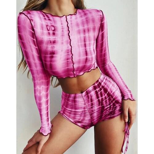 Women Tie-Dye Two Piece Suit Set E-Girl Patchwork Lace Long Sleeve T Shirt Shorts Outfits Set Casual Sport Suit Femme Summer