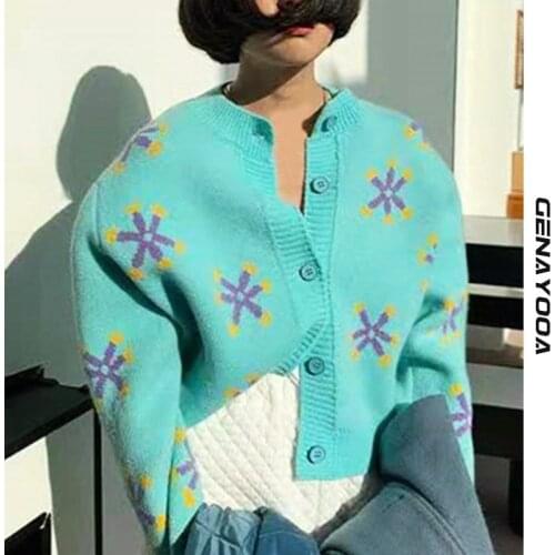 Genayooa Streetwear Print Flowers Knitted Cardigan Women 2021 Autumn Winter Korean Single Breasted Sweater Female Cardigans