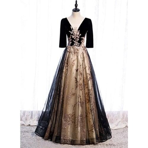 Vestido De Festa Scoop Neck Evening Dress A-line Long Sleeve Evening Dresses Long Dress 2021 Robe De Soiree Black Evening Dress