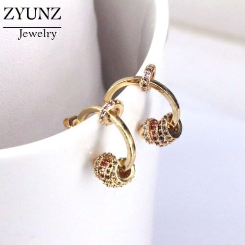 3 Pairs, Women Rainbow CZ Jewelry Gold Color Bling Rondele Beads Stud Earring